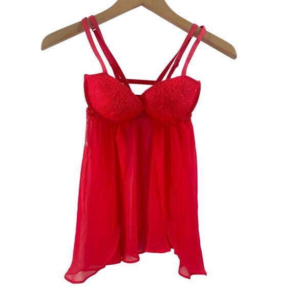 VICTORIA'S SECRET Size 34C Red Lingerie Teddy Babydoll Sheer Lace Intimates - Picture 1 of 15
